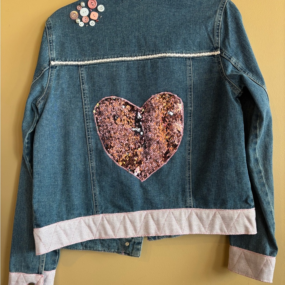 Stylish Blue Jean Jacket with Button Accents, Pearls and Sequins Size Small